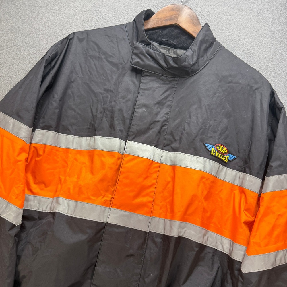 VTG J&P Cycles Motorcycle Rain Jacket Mens XXL Black/Orange Hi-Vis Biker Coat